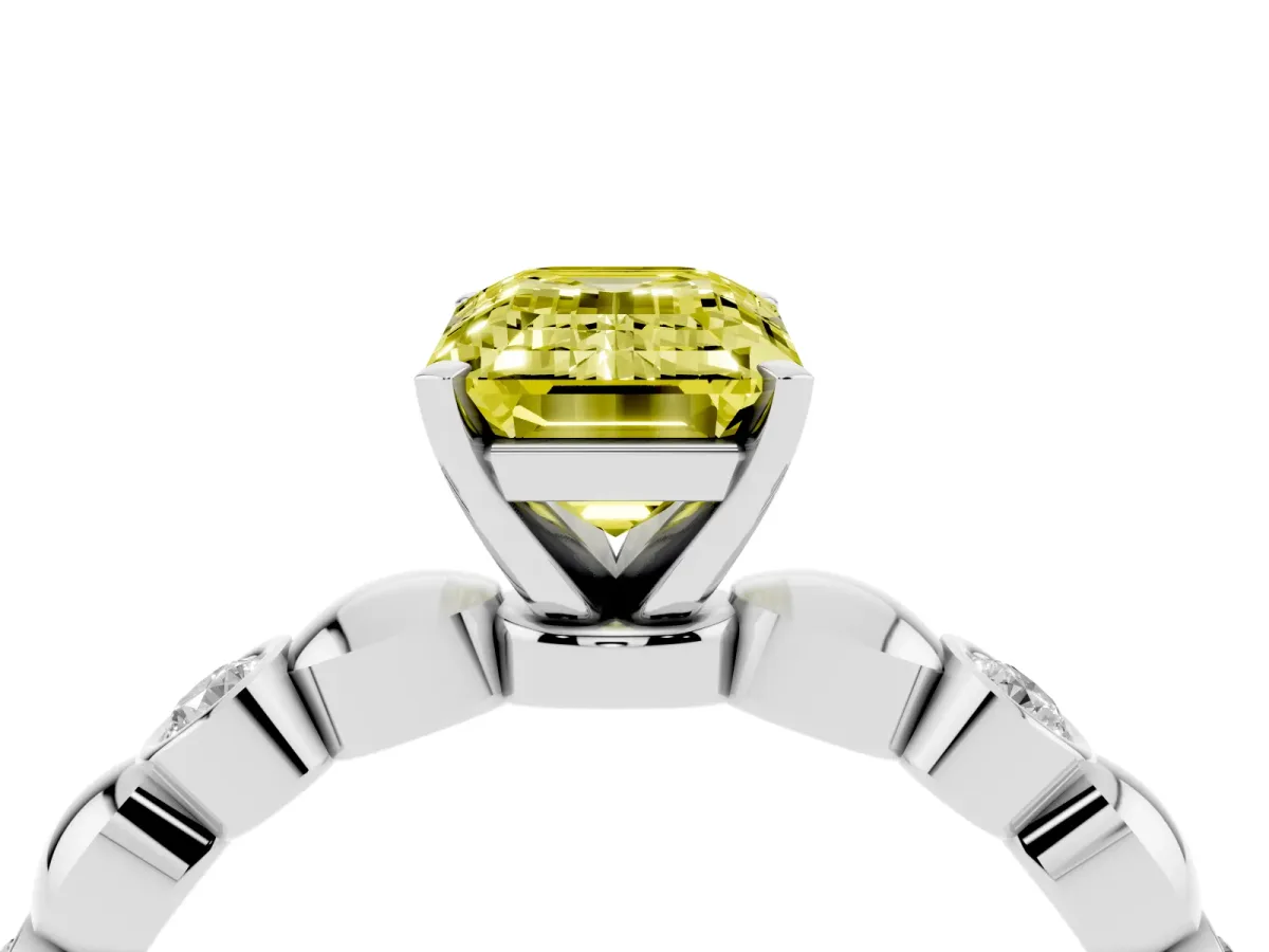 Fancy Yellow Emerald Cut Solitaire Bezel-Set Diamond Ring with Beaded Band and Four-Prong Setting Silver