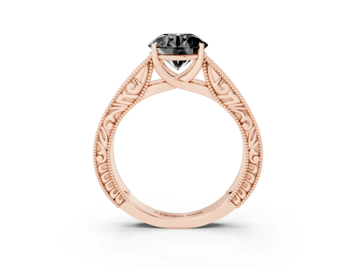 Fancy Black Round Cut Diamond Solitaire Ring with Engraved Band and Four-Prong Setting Rose gold