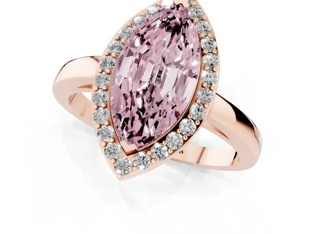 Fancy Pink Marquise Cut Halo Diamond Ring with Solitaire Band and Prong Setting Rose gold