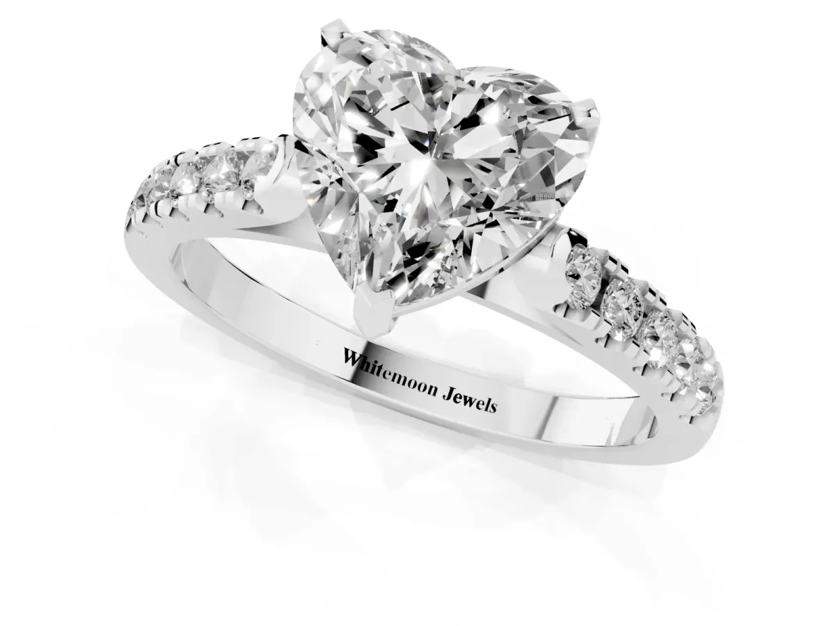 Heart Cut Diamond Pavé Band Solitaire Ring with Prong Setting Silver