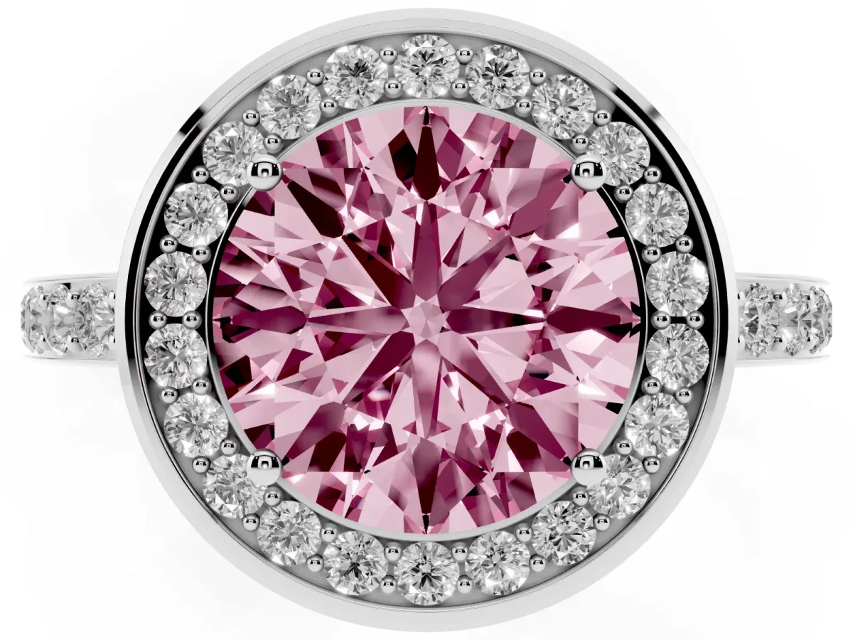Fancy Pink Round Cut Diamond Halo Ring with Bezel Frame and Pavé Band Silver