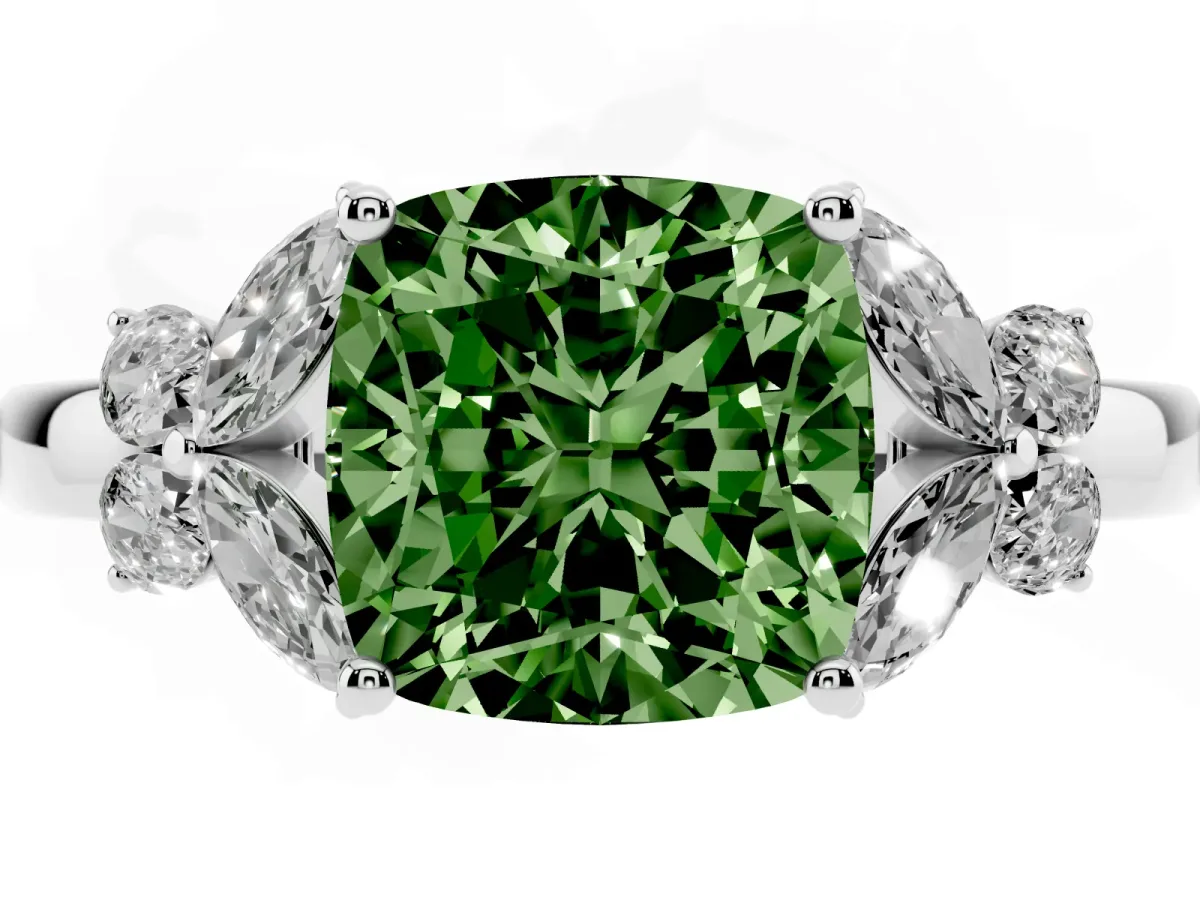 Fancy Green Cushion Cut Cut Solitaire Floral Diamond Ring with Four-Prong Setting Silver