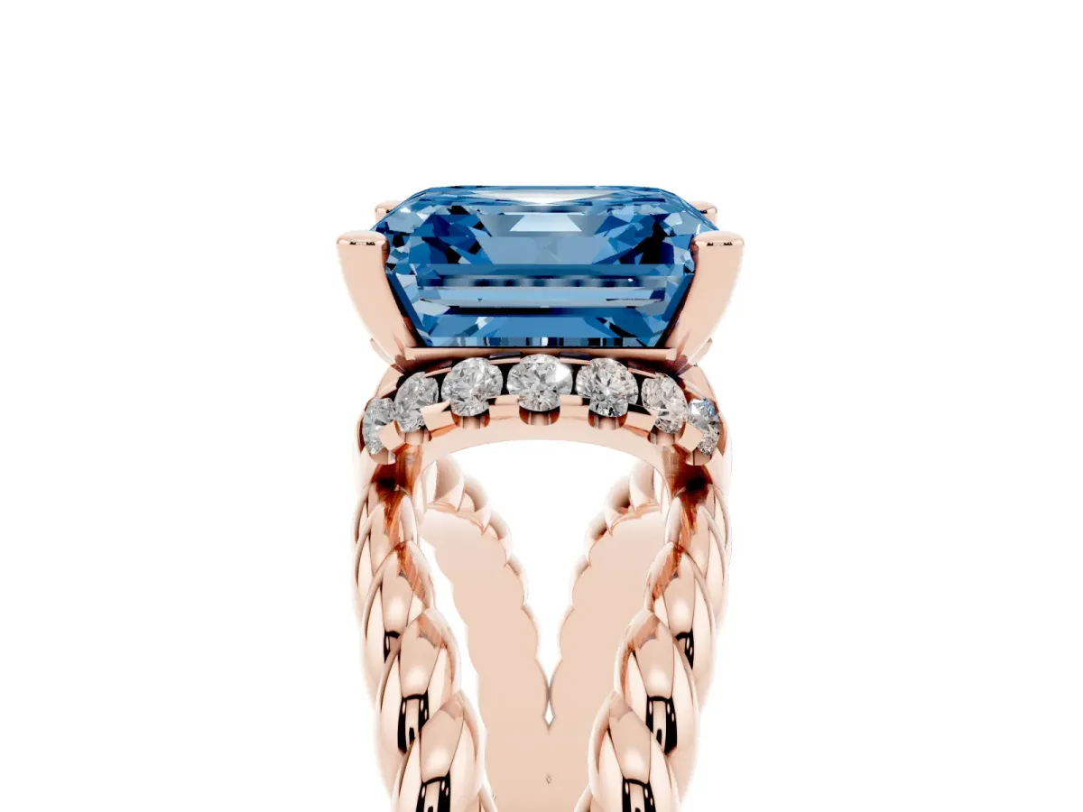Fancy Blue Asscher Cut Halo Twisted Band Four-Prong Ring Rose gold