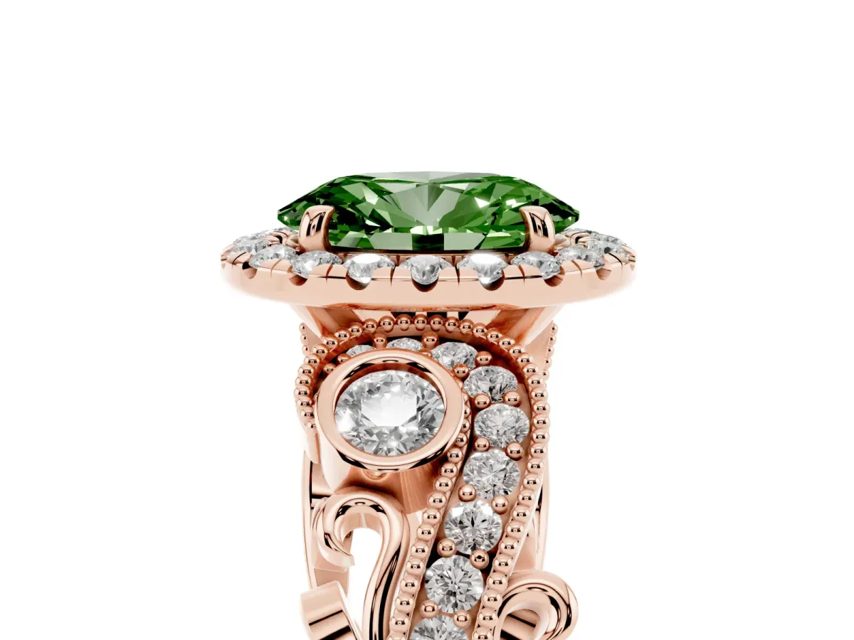 Fancy Green Oval Cut Diamond Halo Ring with Milgrain Pavé Band and Four-Prong Setting Rose gold