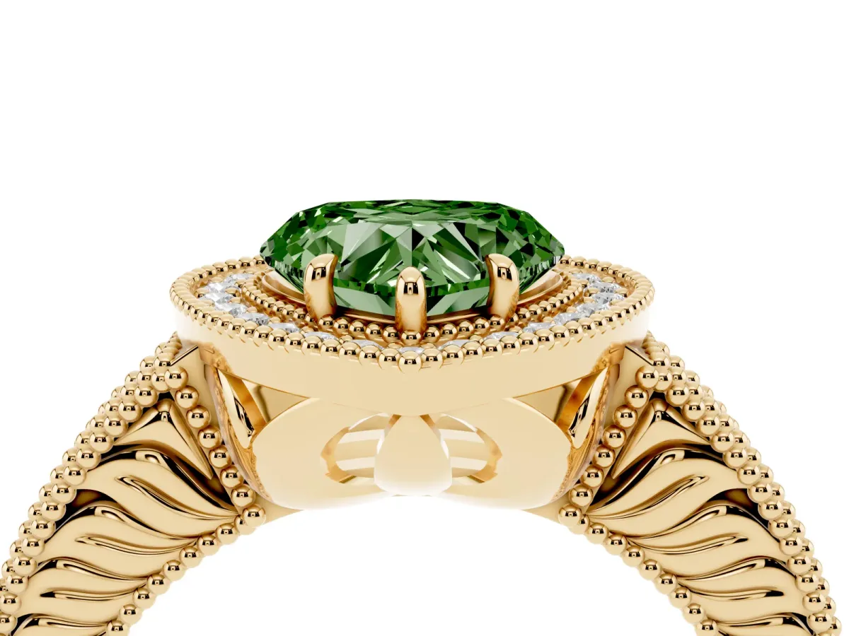 Fancy Green Heart Cut Cut Halo Diamond Ring with Pavé Band and Four-Prong Setting Yellow gold