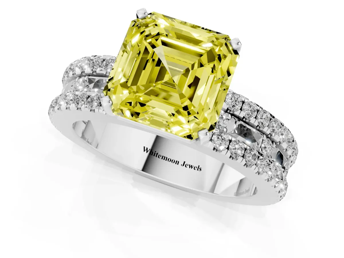 Fancy Yellow Asscher Cut Diamond Solitaire Ring with Pavé and Channel Set Band Silver