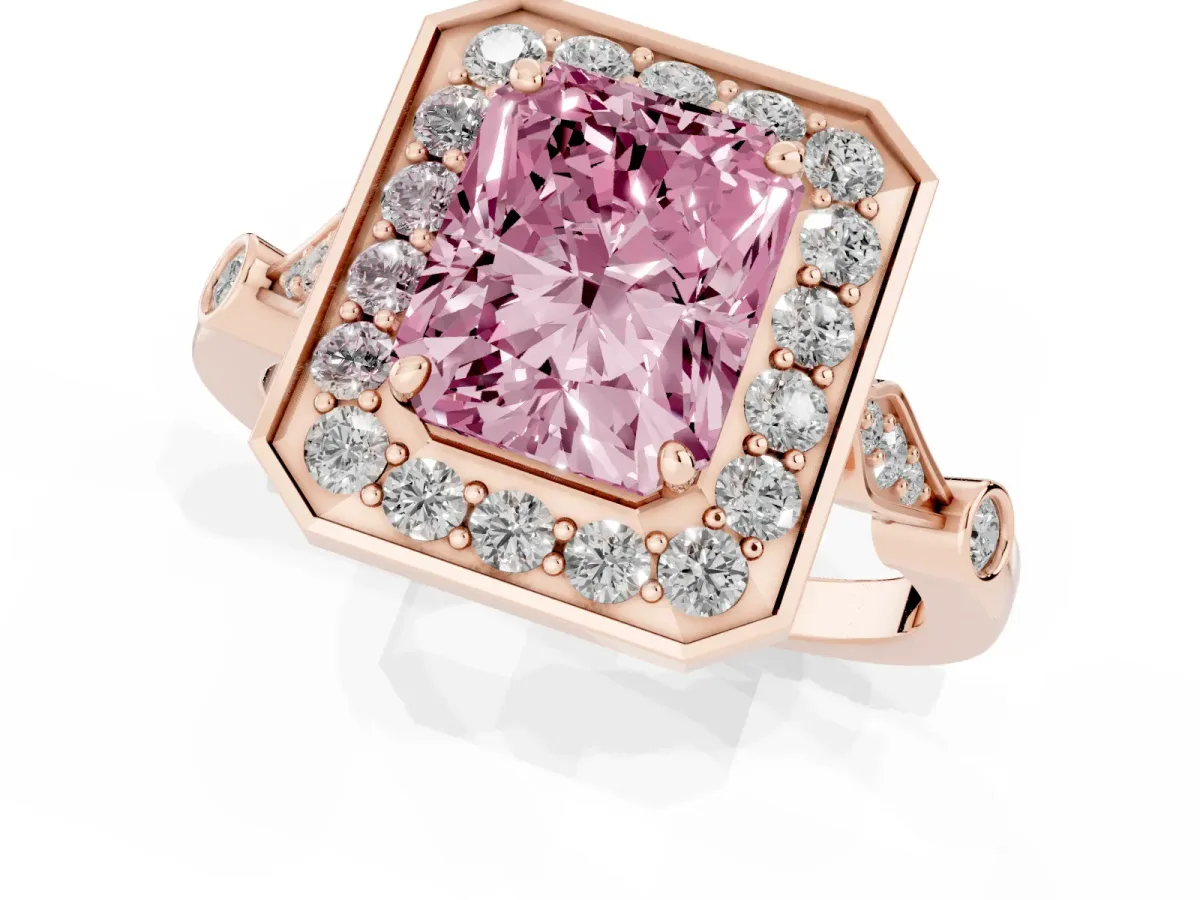 Fancy Pink Radiant Cut Halo Diamond Engagement Ring with Twisted Band and Four-Prong Setting Rose gold