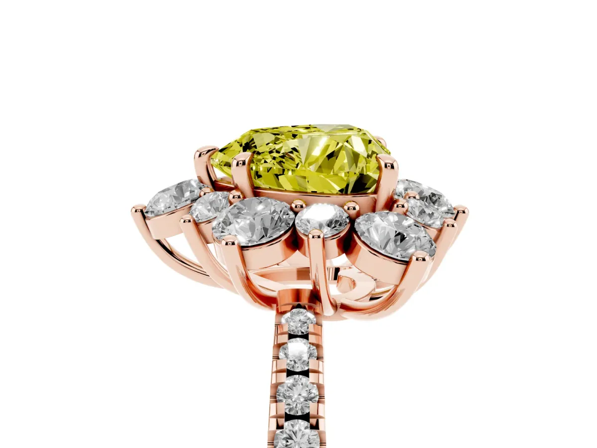 Fancy Yellow Heart Cut Diamond Floral Halo Ring with Round Pavé Band and Prong Setting Rose gold
