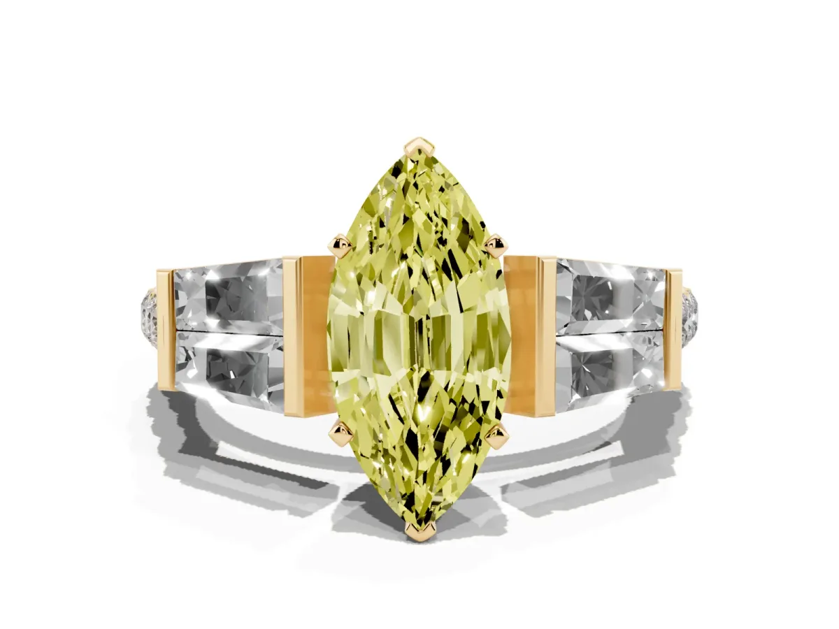 Fancy Yellow Marquise Cut Diamond Engagement Ring with Baguette Side Stones and Channel Set Band Yellow gold