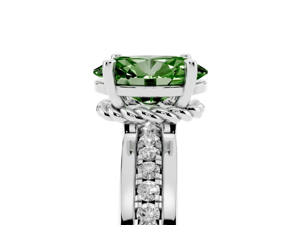 Fancy Green Oval Cut Solitaire Diamond Ring with Channel Set Band and Six-Prong Setting Silver