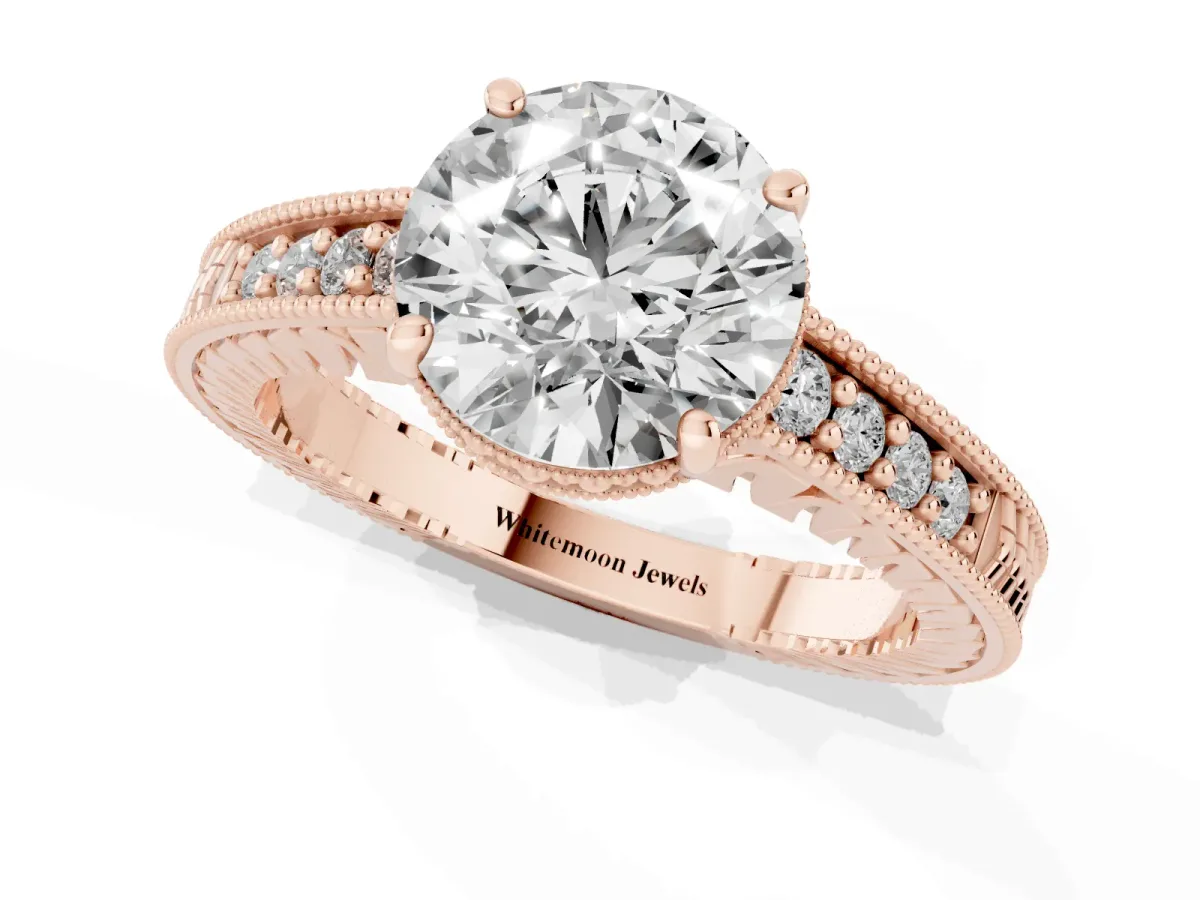 Round Cut Solitaire Pavé Diamond Milgrain Engagement Ring with Four-Prong Setting Rose gold
