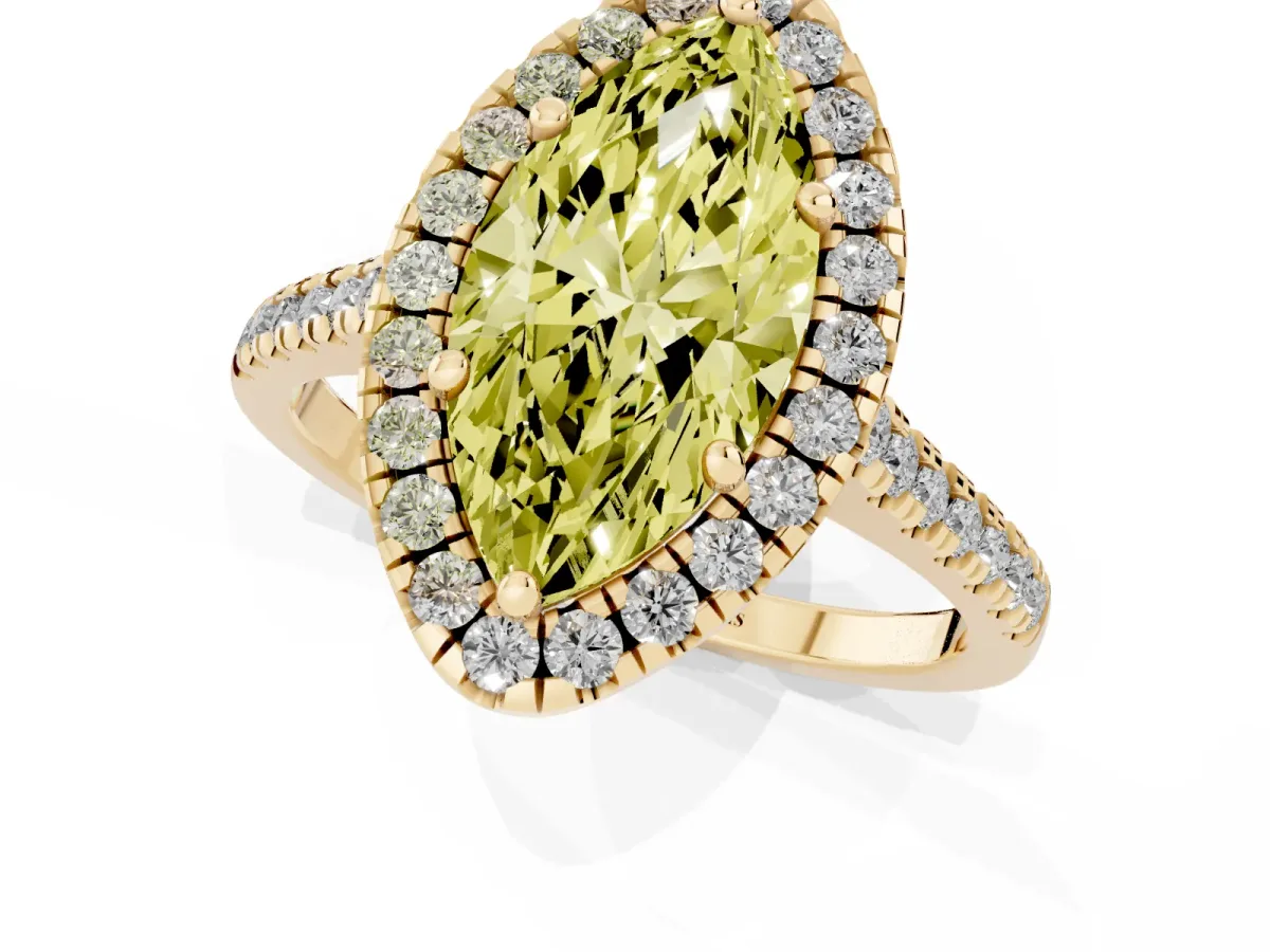 Fancy Yellow Marquise Cut Diamond Cushion Halo Ring with Pavé Band Yellow gold
