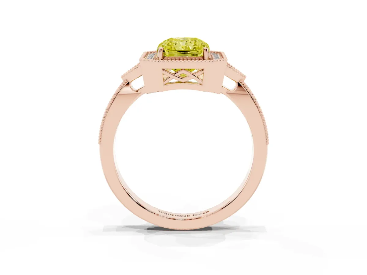 Fancy Yellow Radiant Cut Halo Round Diamond Milgrain Pave Engagement Ring Rose gold
