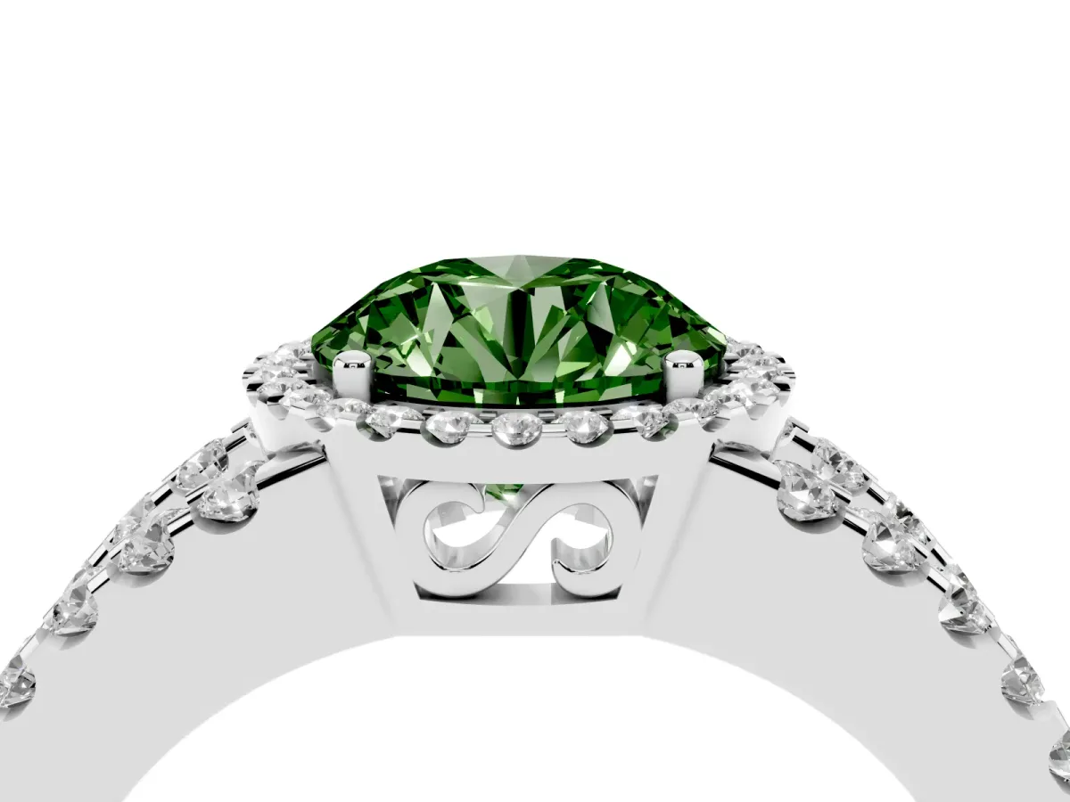 Fancy Green Round Cut Cut Halo Split Shank Diamond Ring with Four-Prong Setting Platinum