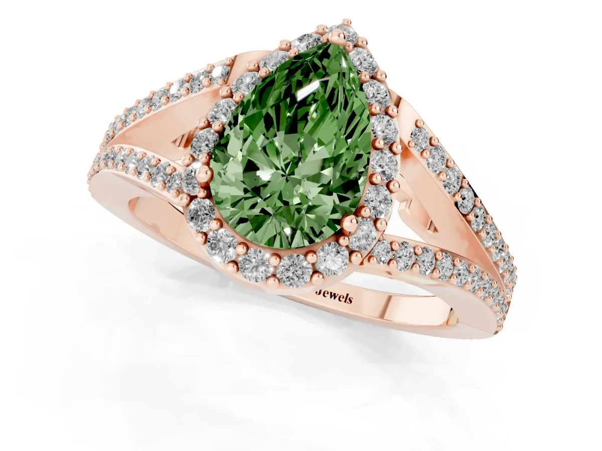 Fancy Green Pear Cut Halo Split Shank Pave Diamond Ring with Four-Prong Setting Rose gold