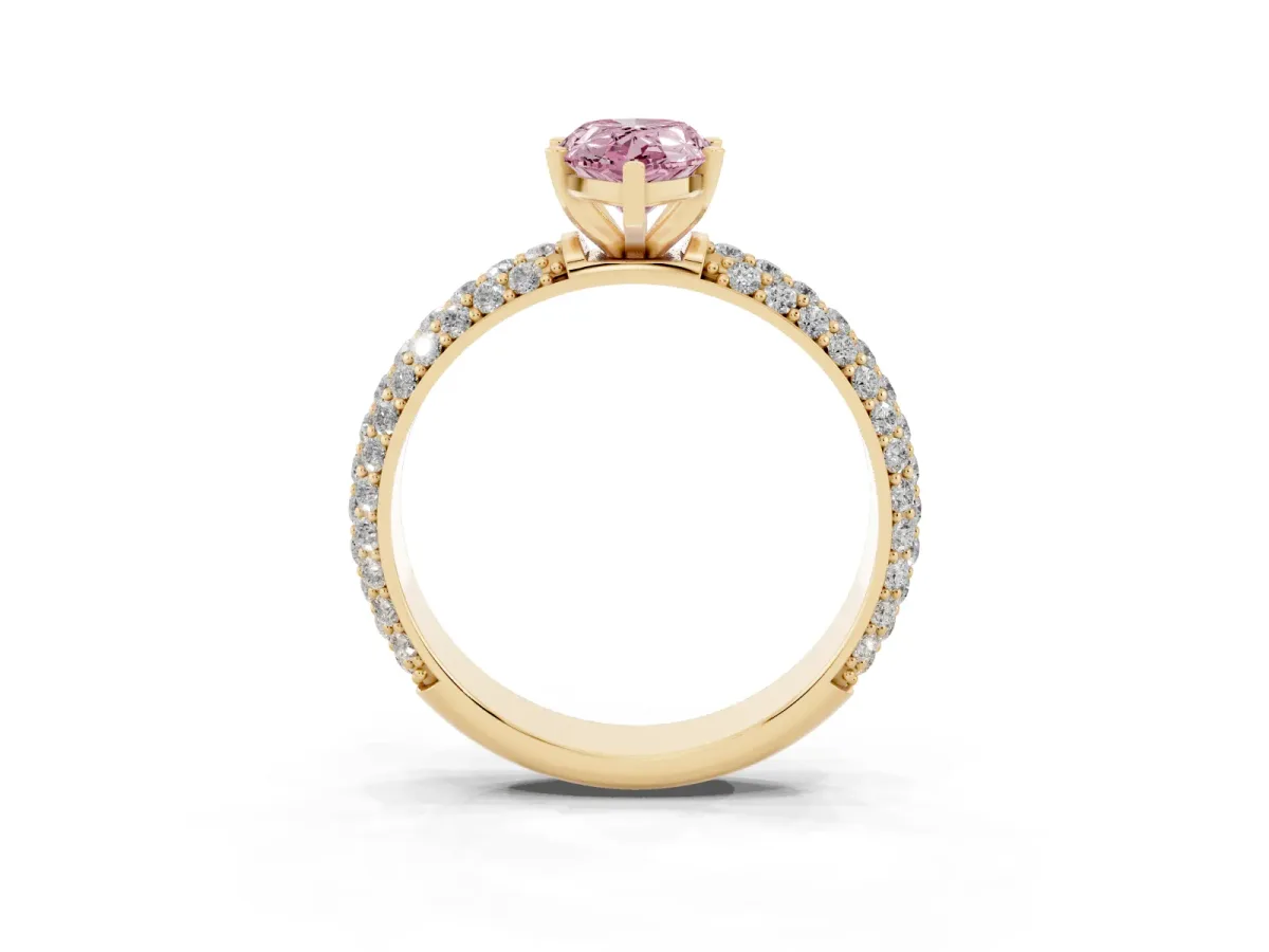 Fancy Pink Pear Cut Diamond Solitaire Ring with Prong Setting and Pavé Band Yellow gold