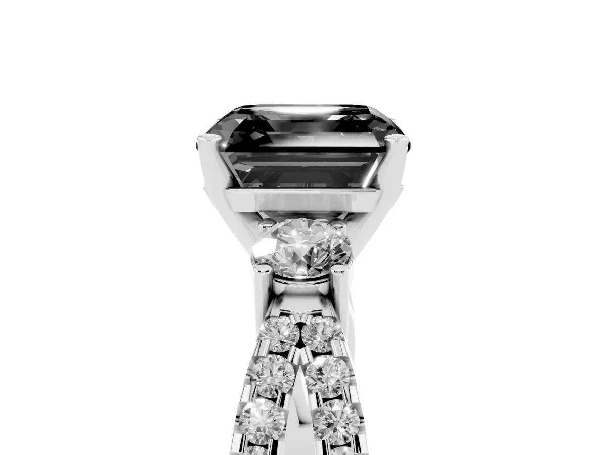 Fancy Black Asscher Cut Diamond Three-Stone Ring with Pavé Split Shank and Four-Prong Setting Silver