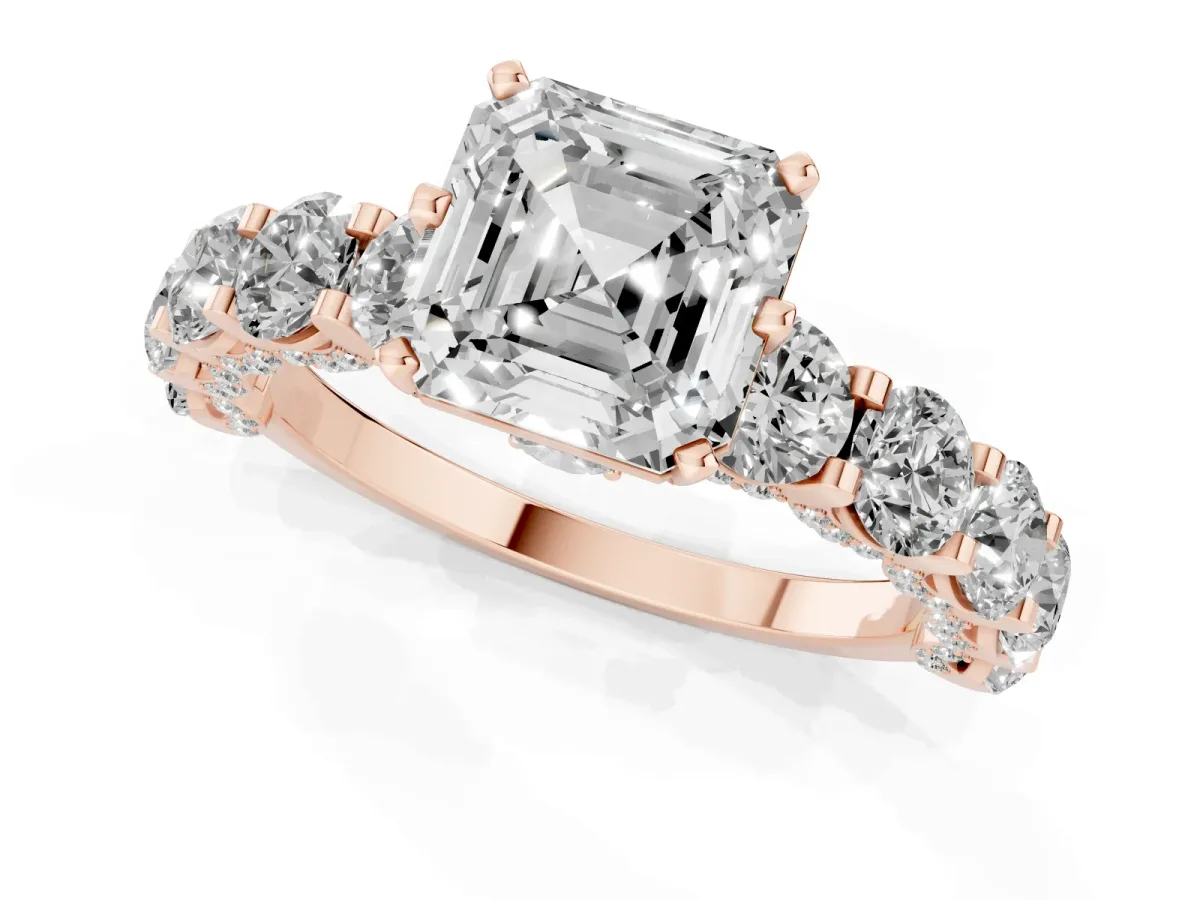 Asscher Cut Diamond Side Stone Engagement Ring with Four-Prong Setting Rose gold