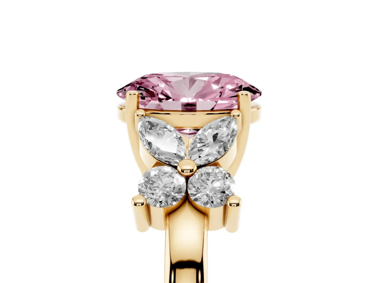 Fancy Pink Oval Cut Diamond Floral Cluster Ring with Solitaire Band and Prong Setting Yellow gold