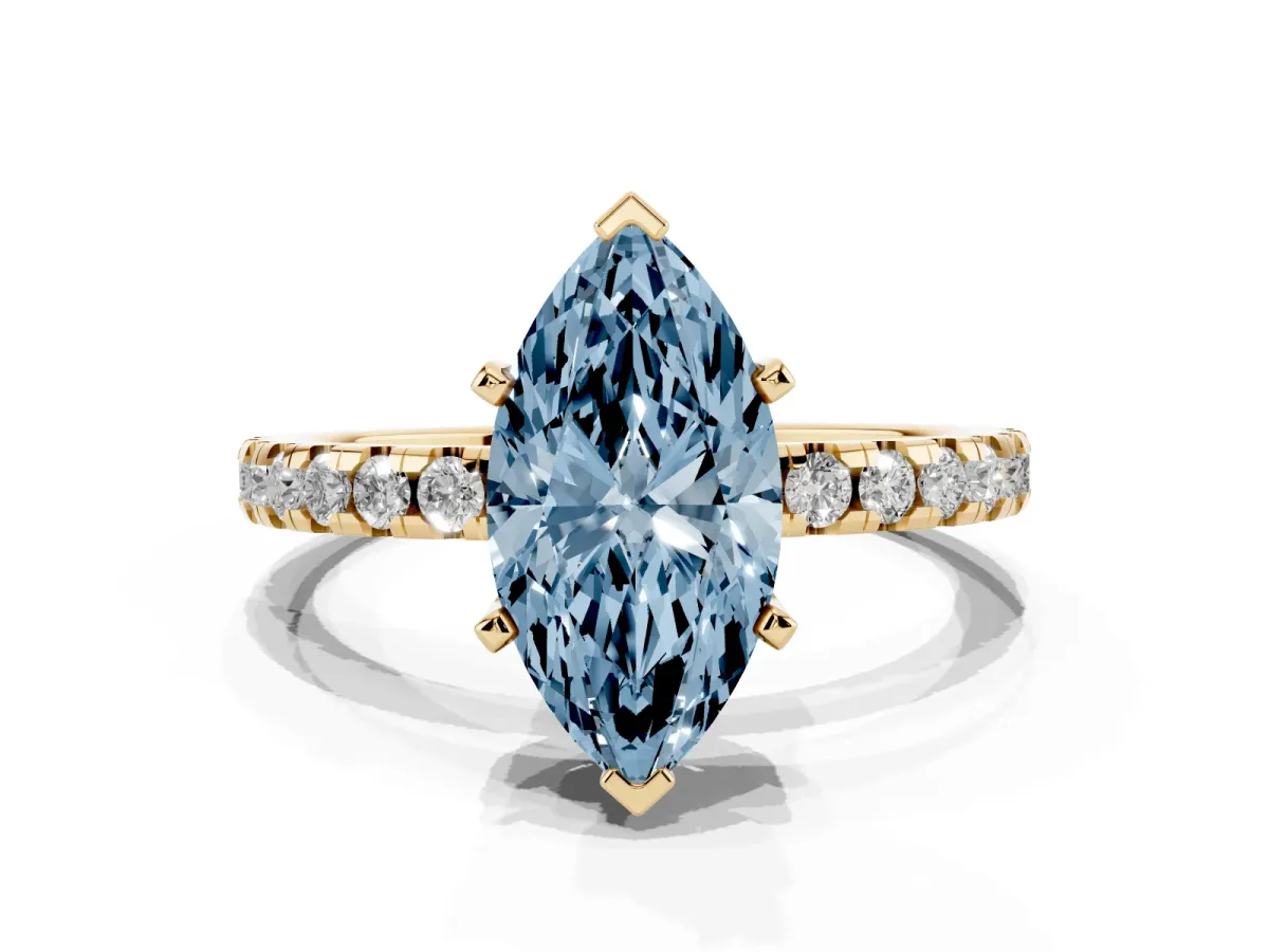 Fancy Blue Marquise Cut Diamond Solitaire Ring with Round Pavé Band and Four-Prong Setting Yellow gold