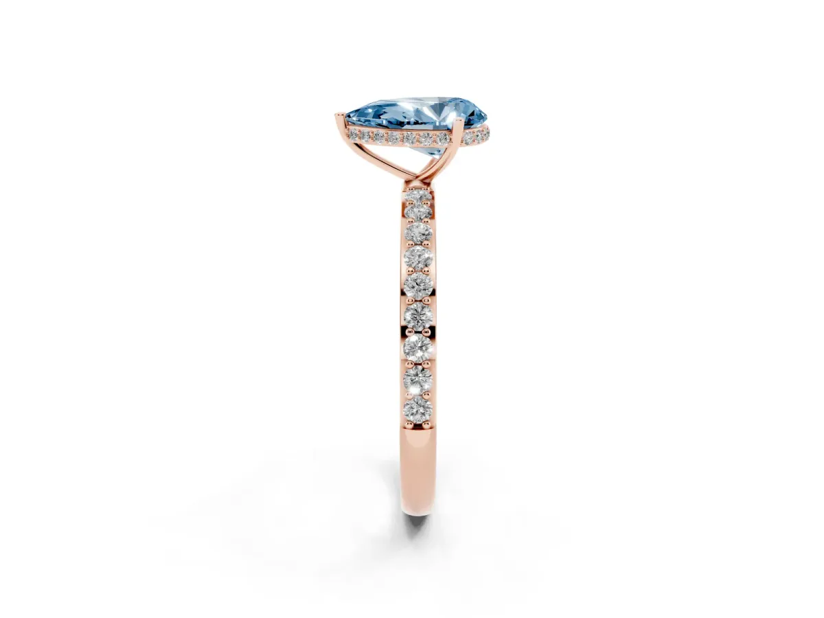 Fancy Blue Pear Cut Diamond Solitaire Ring with Pavé Band and Hidden Halo Rose gold