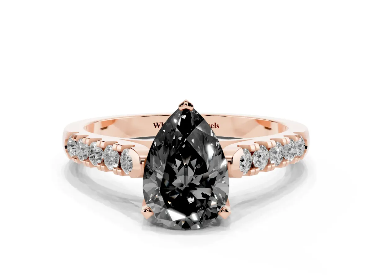 Fancy Black Pear Cut Diamond Pavé Band Solitaire Ring with Prong Setting Rose gold
