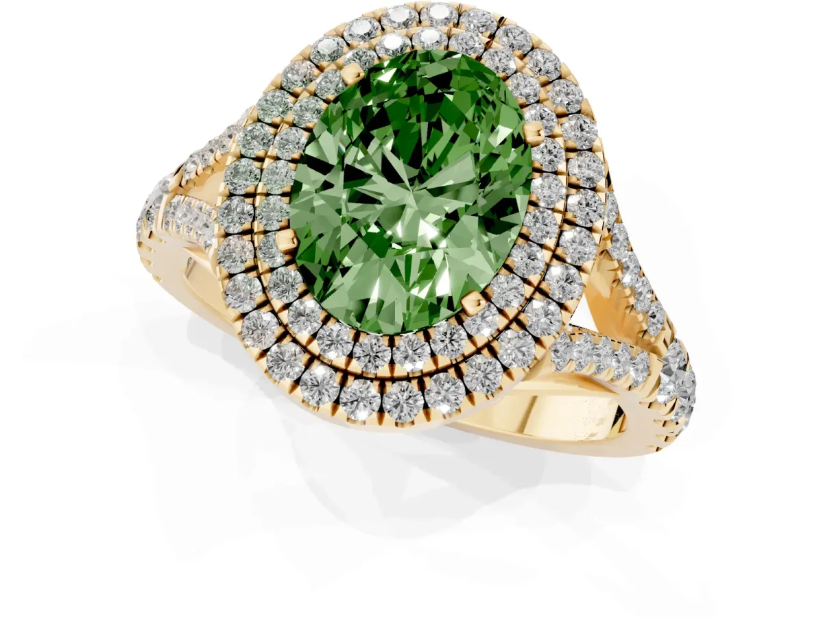 Fancy Green Double Halo Oval Cut Diamond Split Shank Engagement Ring with Four-Prong Setting Yellow gold