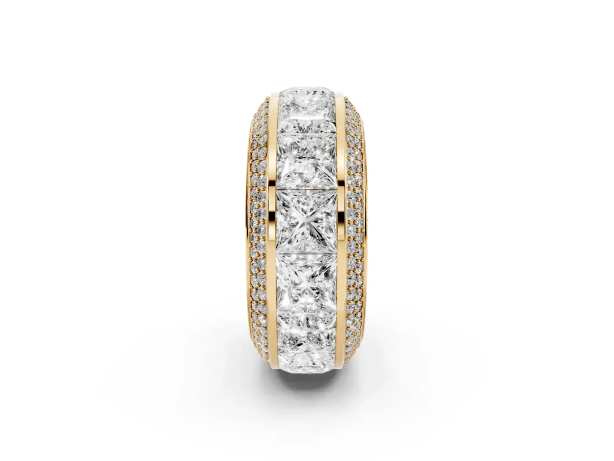 Princess Diamond Pavé Mens Wedding Band with Round Diamond Accents Yellow gold