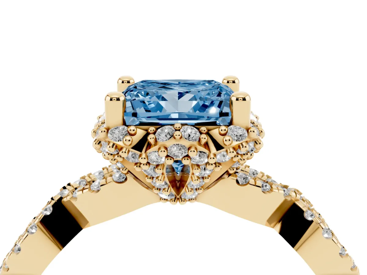 Fancy Blue Princess Cut Halo Twist Band Solitaire Ring with Six-Prong Setting Yellow gold