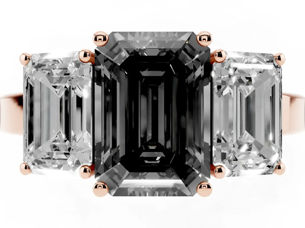 Fancy Black Three-Stone Emerald Cut Cut Diamond Engagement Ring with Flat Band and Four-Prong Setting Rose gold