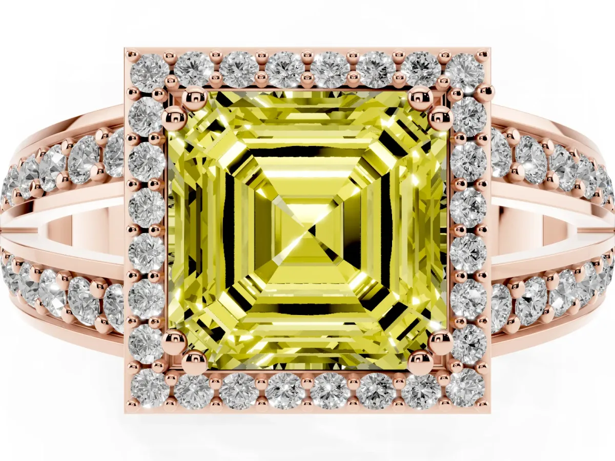 Fancy Yellow Asscher Cut Diamond Halo Ring with Split Shank Pavé Band and Four-Prong Setting Rose gold
