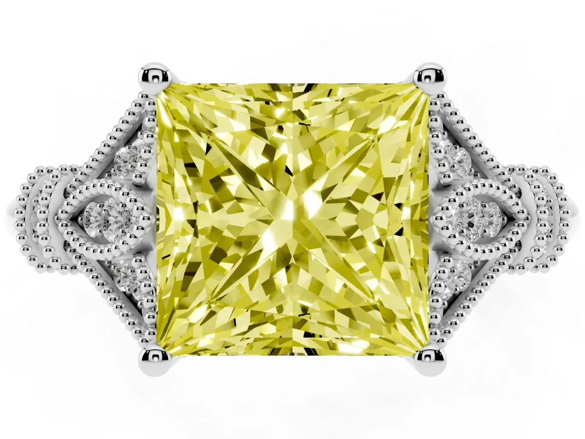 Fancy Yellow Princess Cut Diamond Solitaire Ring with Floral Filigree and Pave Accents White gold