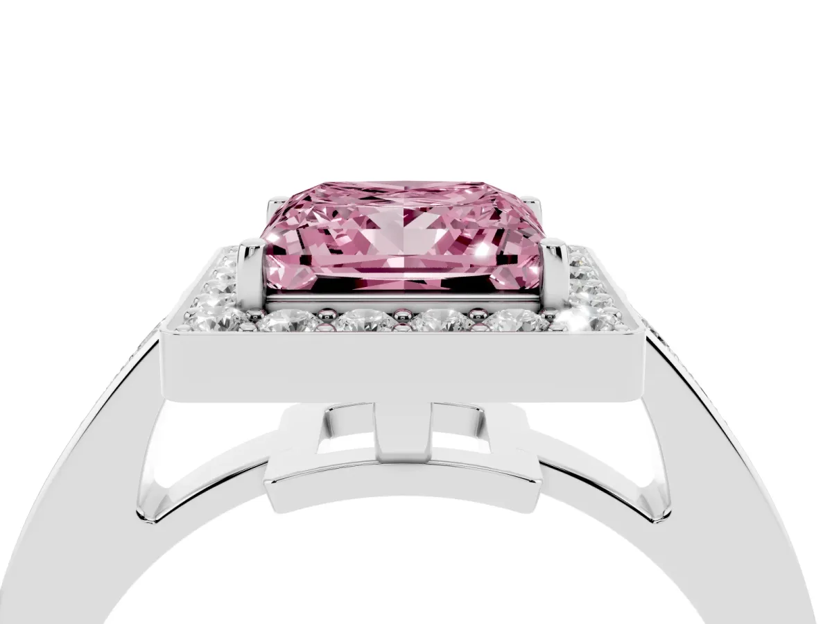 Fancy Pink Princess Cut Halo Pavé Diamond Engagement Ring with Bezel Setting Silver