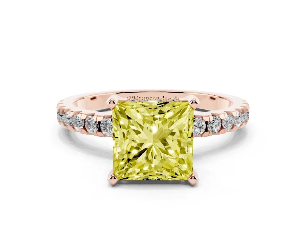Fancy Yellow Princess Cut Diamond Solitaire Ring with Round Pavé Band and Four-Prong Setting Rose gold