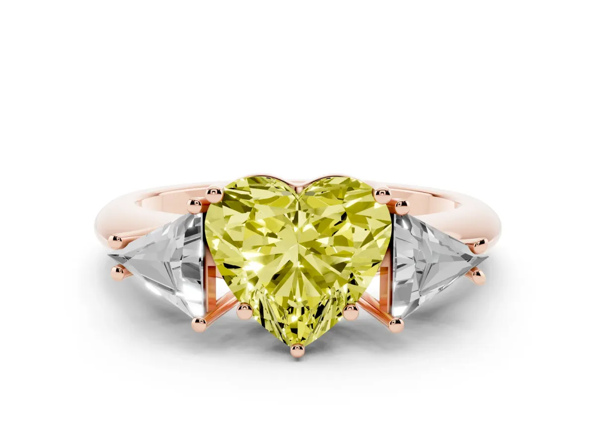 Fancy Yellow Three-Stone Heart Cut Diamond Engagement Ring with Trillion Side Stones and Prong Setting Rose gold