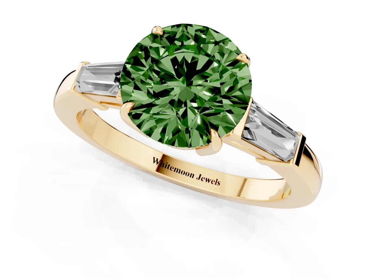 Fancy Green Round Cut Diamond Three-Stone Ring with Tapered Baguette Side Stones and Prong Setting Yellow gold