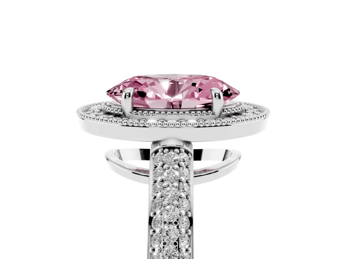 Fancy Pink Oval Cut Cut Halo Diamond Pave Band with Four-Prong Setting Silver