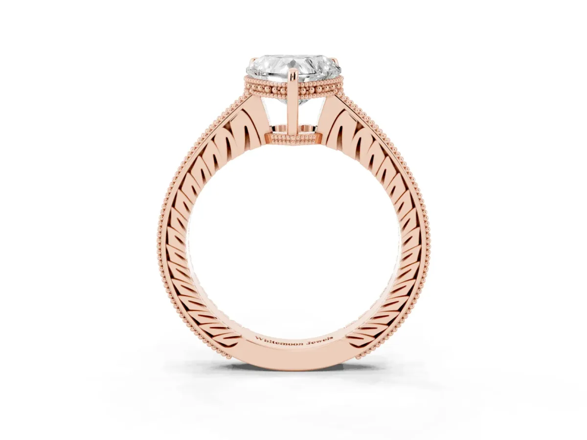 Heart Cut Solitaire Pavé Diamond Milgrain Engagement Ring with Four-Prong Setting Rose gold