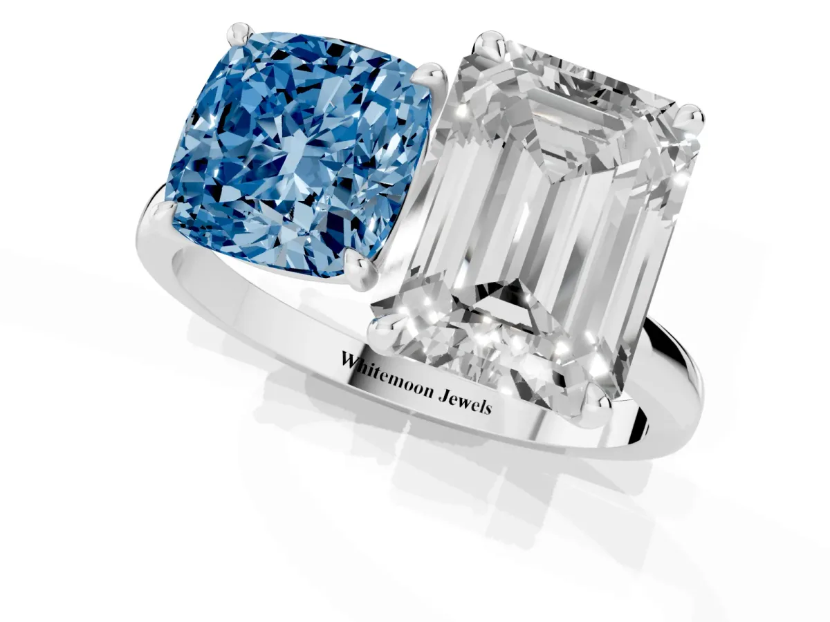 Fancy Blue Cushion Cut and Emerald Cut Toi Moi Ring with Prong Setting Platinum