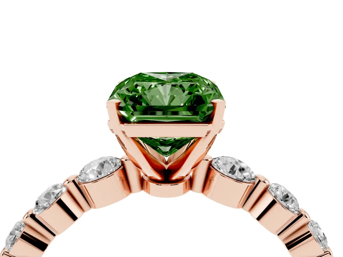 Fancy Green Radiant Cut Solitaire Diamond Ring with Pave Band and Four-Prong Setting Rose gold