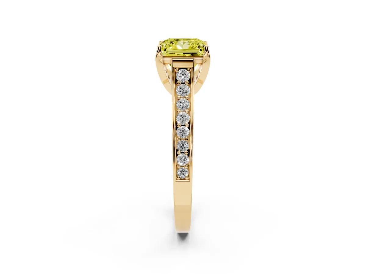 Fancy Yellow Princess Cut Brilliant Cut Diamond Engagement Ring with Pavé Band and Four-Prong Setting Yellow gold