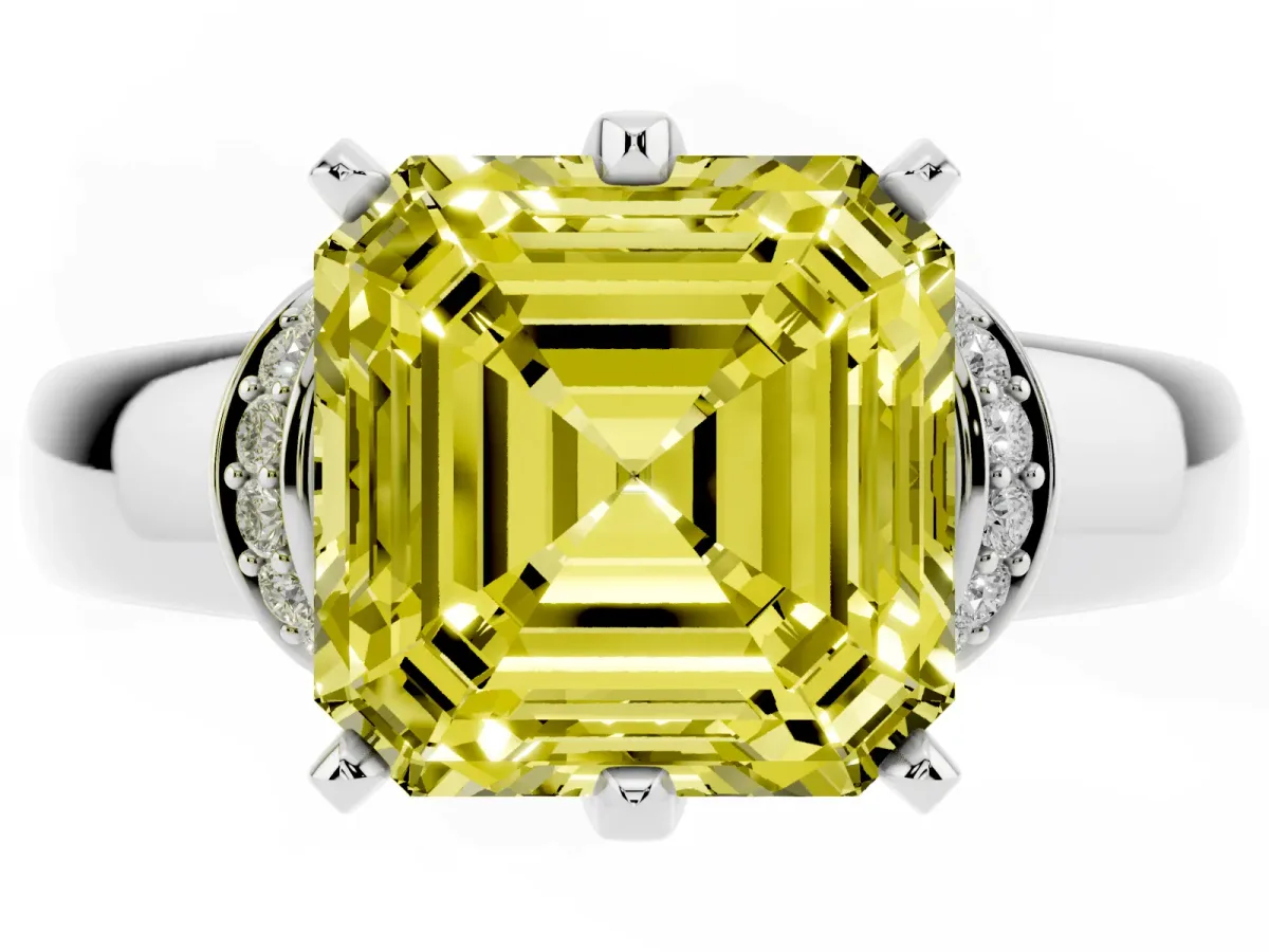Fancy Yellow Asscher Cut Solitaire Diamond Ring with Pave Band and Six-Prong Setting Platinum