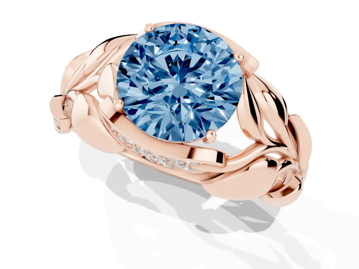 Fancy Blue Round Cut Diamond Leaf-Inspired Engagement Ring with Round Accents and Prong Setting Rose gold
