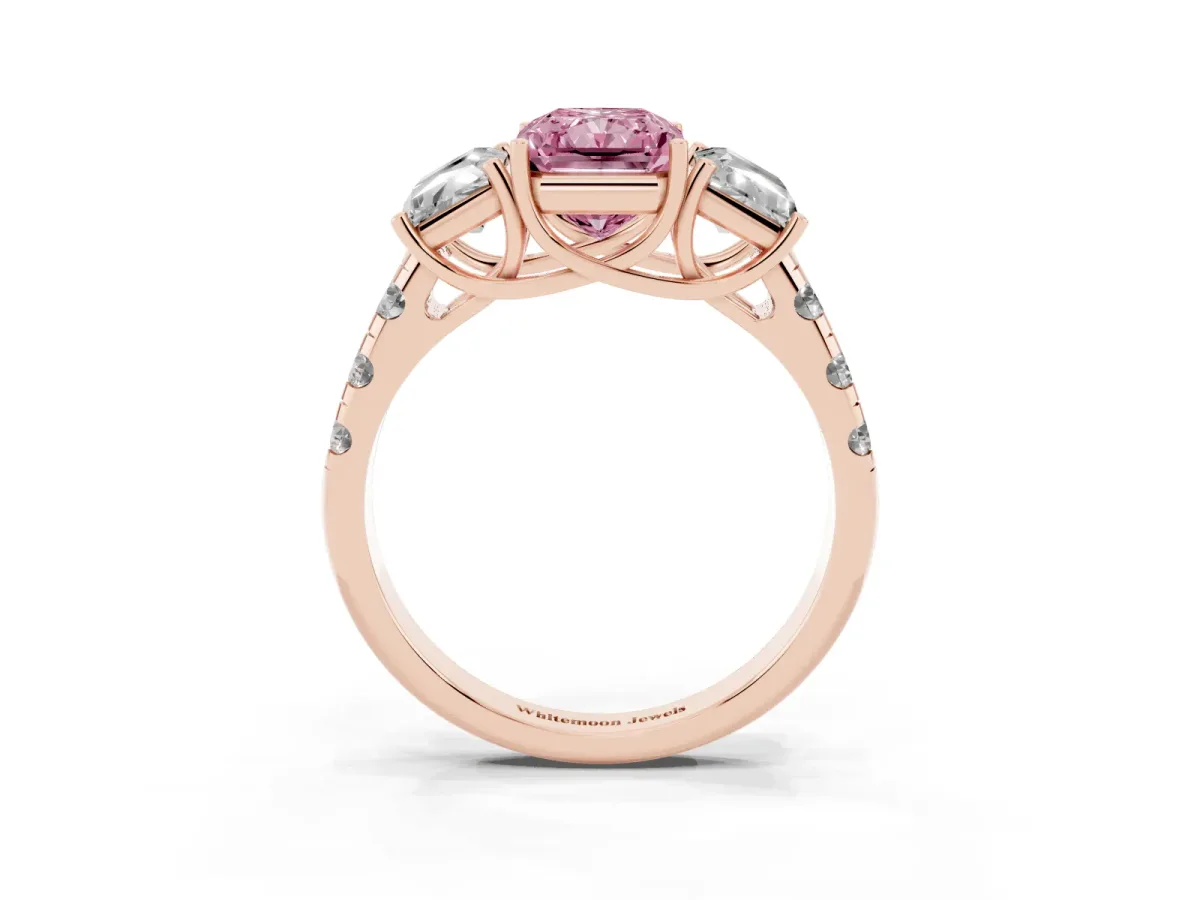 Fancy Pink Three-Stone Radiant Cut Diamond Pavé Band with Prong Setting Rose gold