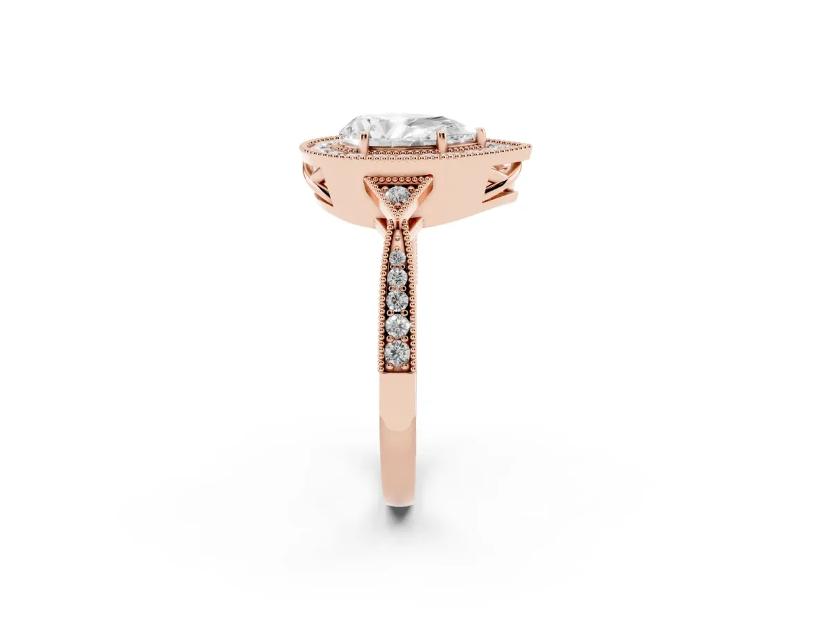 Pear Cut Halo Round Diamond Milgrain Pave Engagement Ring Rose gold