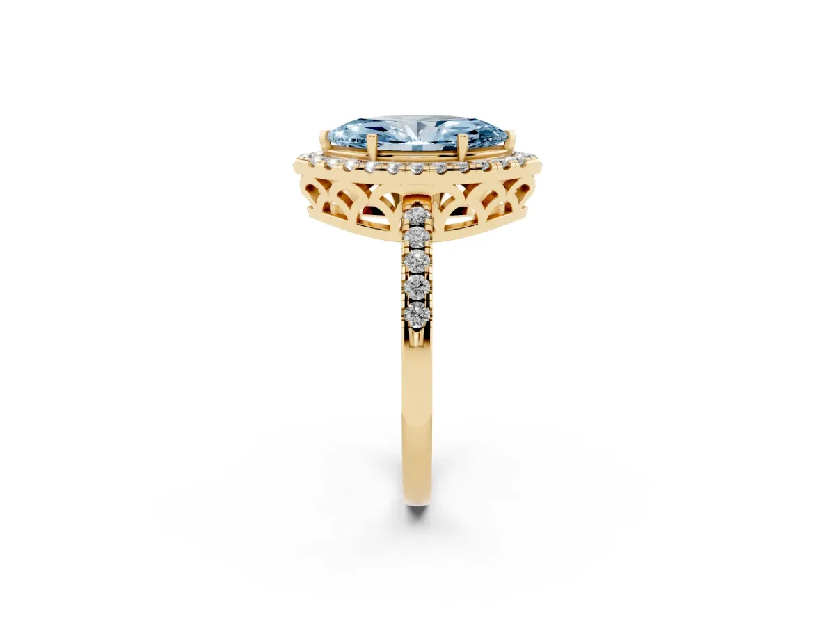 Fancy Blue Marquise Cut Halo Diamond Engagement Ring with Pavé Band and Four-Prong Setting Yellow gold