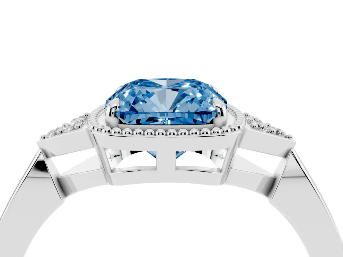 Fancy Blue Hexagonal Halo Cushion Cut Diamond Solitaire with Pavé Band and Four-Prong Setting Silver