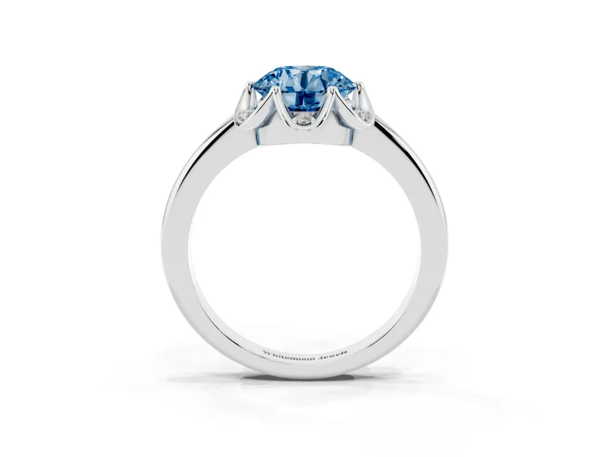 Fancy Blue Round Cut Halo Diamond Ring with Round Cluster Setting, Solitaire Band, and Four-Prong Setting Silver