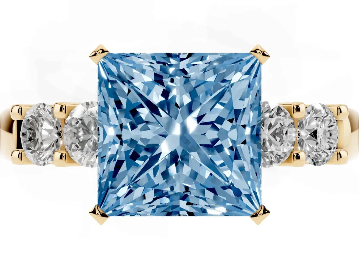Fancy Blue Princess Cut Brilliant Cut Diamond Five-Stone Prong Set Engagement Ring with Channel Band Yellow gold
