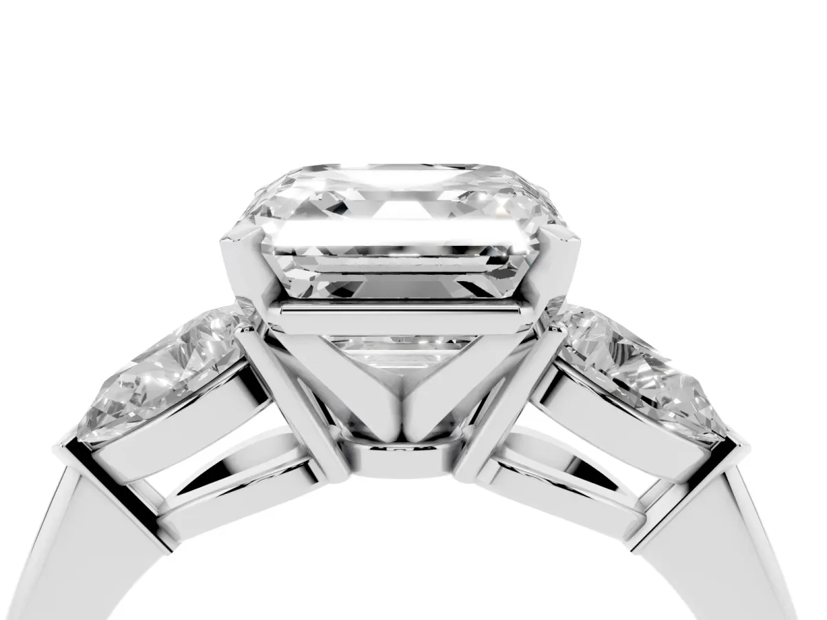 Three-Stone Asscher Cut Diamond Ring with Pear Side Stones and Four-Prong Setting Silver